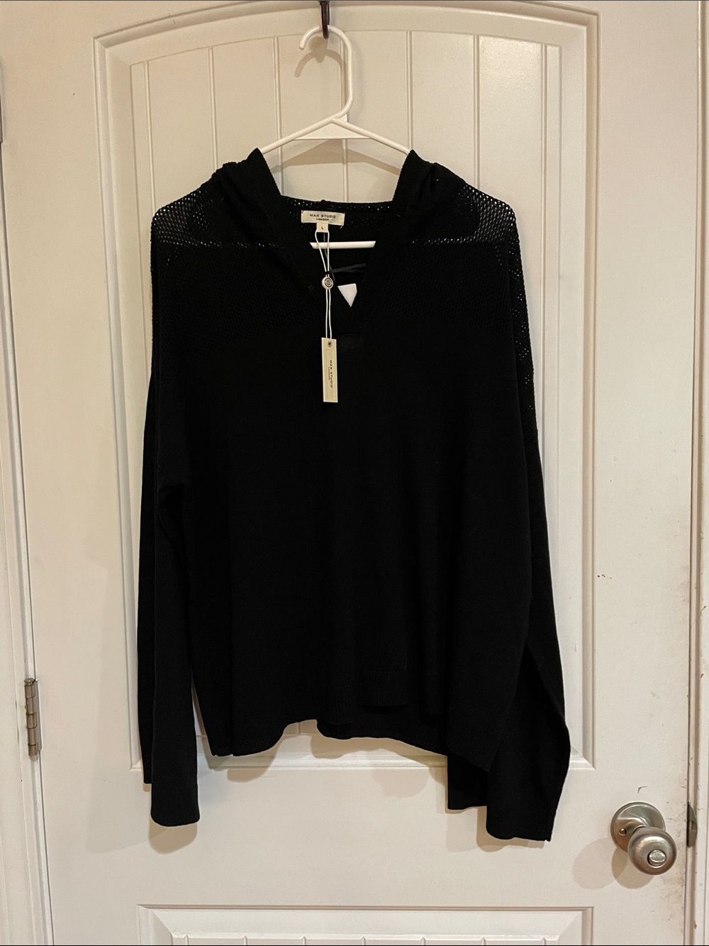 Max Studio Black Hooded V Neck Knit Sweater